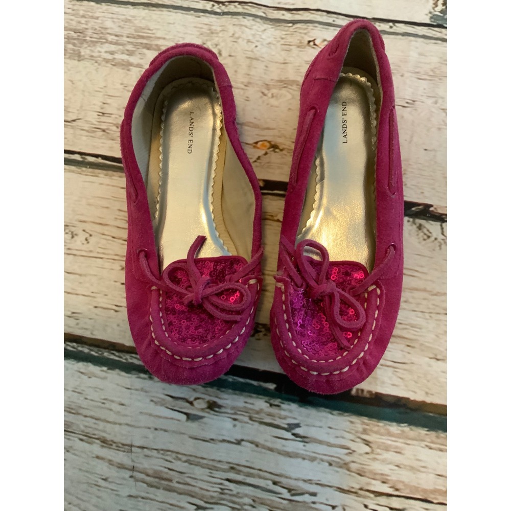 Lands End Girls Magenta Suede Sequin Moccasin Flats Shoes 13M